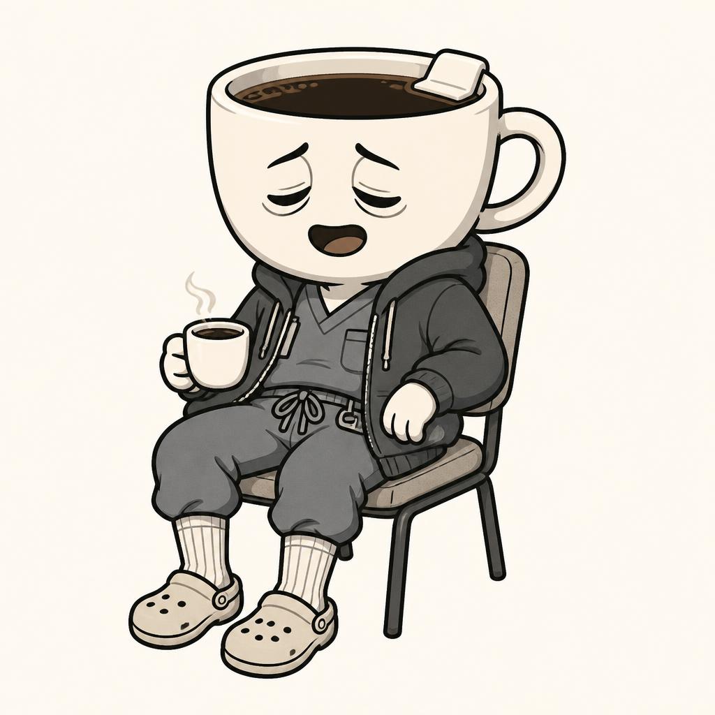 Coffee cup mascot finally sitting down for a break