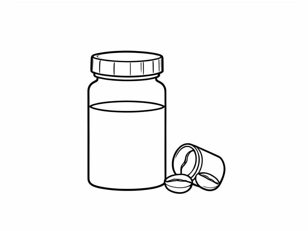 Line drawing of a prescription bottle with coffee beans spilling out